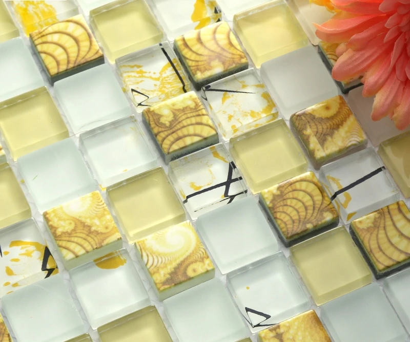 yellow printed puzzle mosaic tiles EHGM1004 for kitchen backsplash bathroom shower wall cover hallway border | Дом и сад