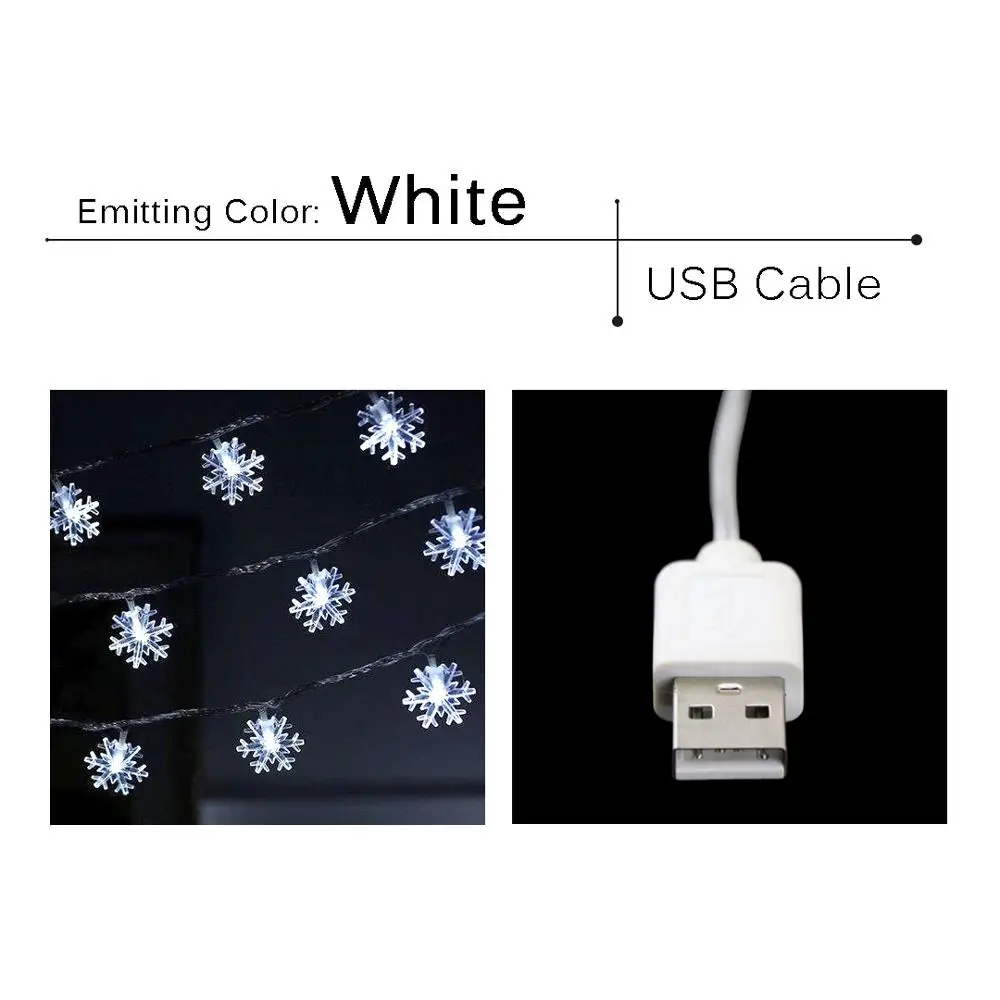White (USB Cable) Светодиодный светильник-Гирлянда для праздника, Рождественская гирлянда, светильник 10, снежинка, сказочный подарок, фонари для свадебной вечеринки, украшения для спальни, HQ - Испускаемый цвет: White (USB Cable)