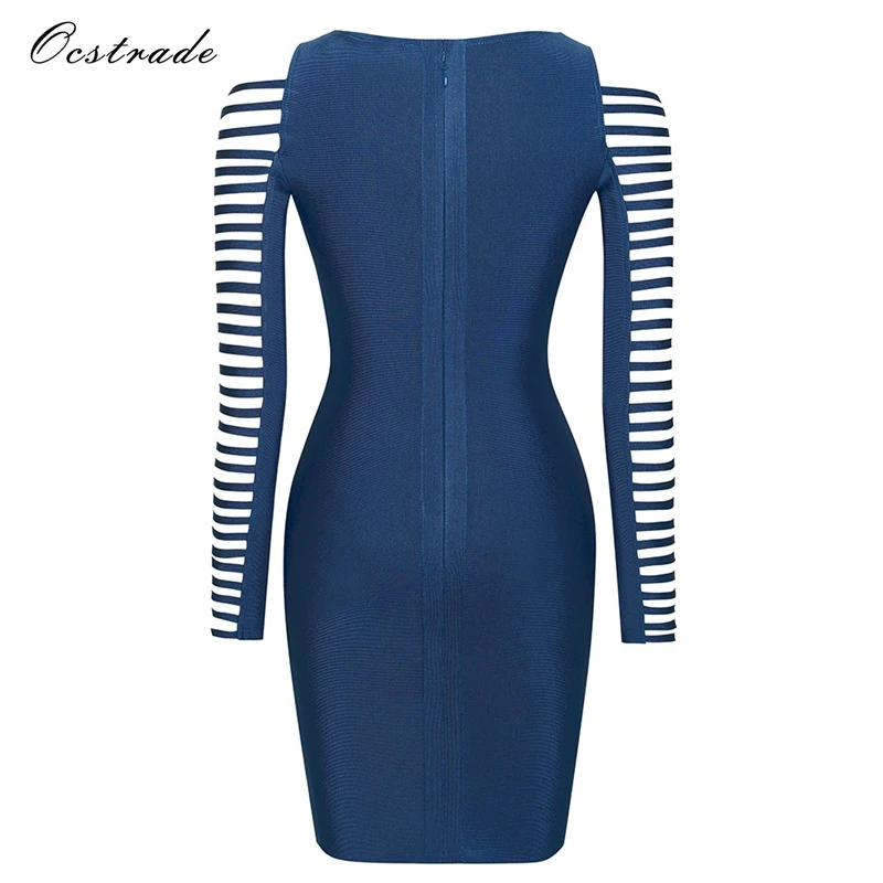 Женское Бандажное платье Ocstrade синее с длинным рукавом и рюшами 2019|women bandage dress|bandage
