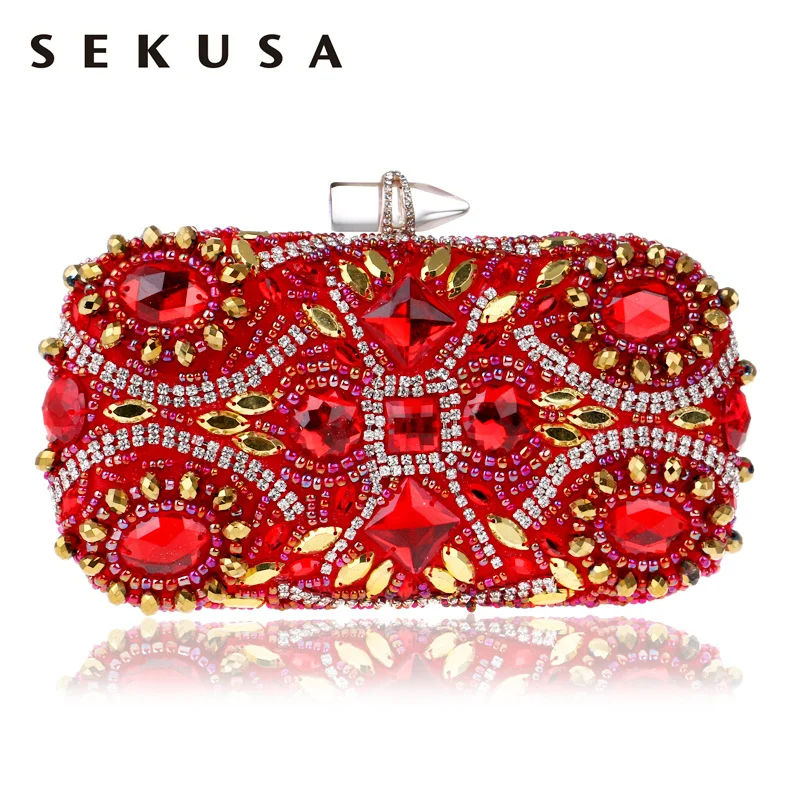 Sekusa Вышивка красный Вечерние сумки цепь плечо Бисер клатч для губ Металл Стразы