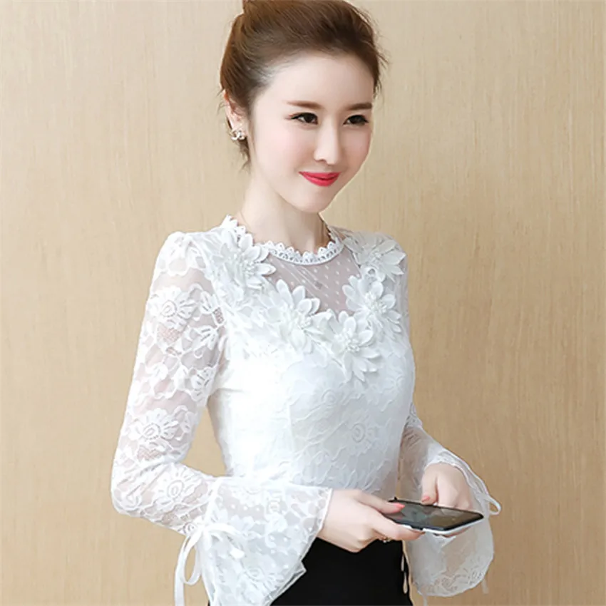 Новинка осенняя Женская белая кружевная блузка милая сетчатая рубашка для