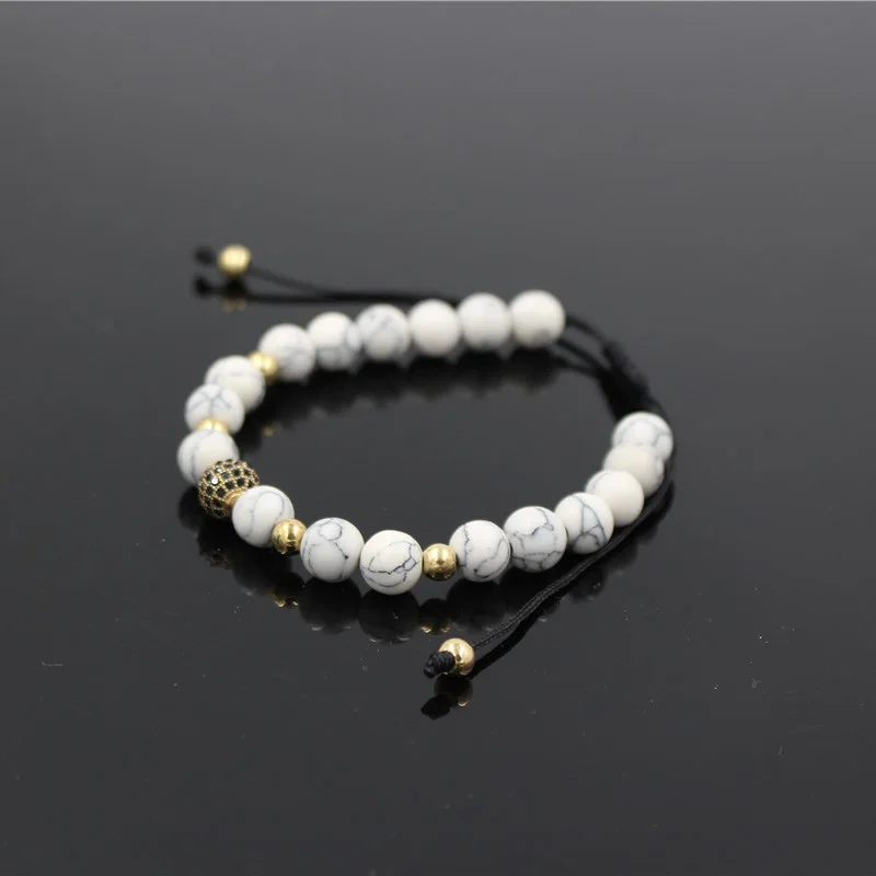 Новый 8 мм белый камень Howlite и фианит медный шарик плетение макраме браслет из