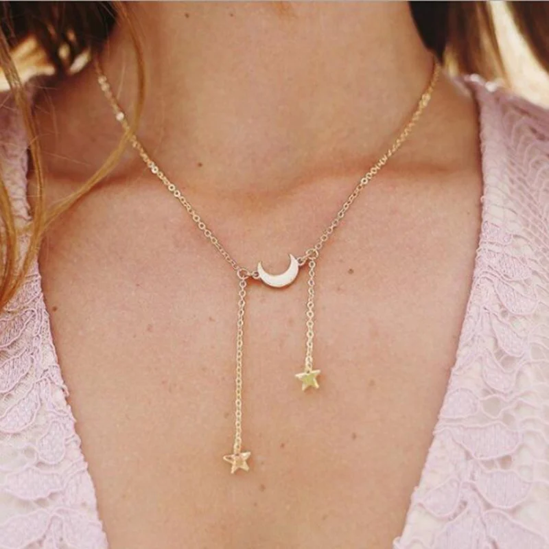 2019 новый простой золотистый Звезда & луна кулон ожерелье для женщин Bijoux Макси