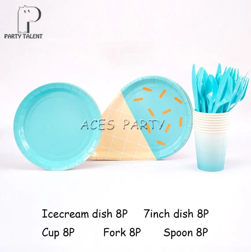 Sky Blue Set 40 шт чистый цвет Icecream Macaroon десерт тема День Рождения для свадьбы или «нулевого дня рождения» Праздничный набор столовой посуды, тарелка+ стекло+ ложка+ вилка и т. д - Цвет: Sky Blue Set