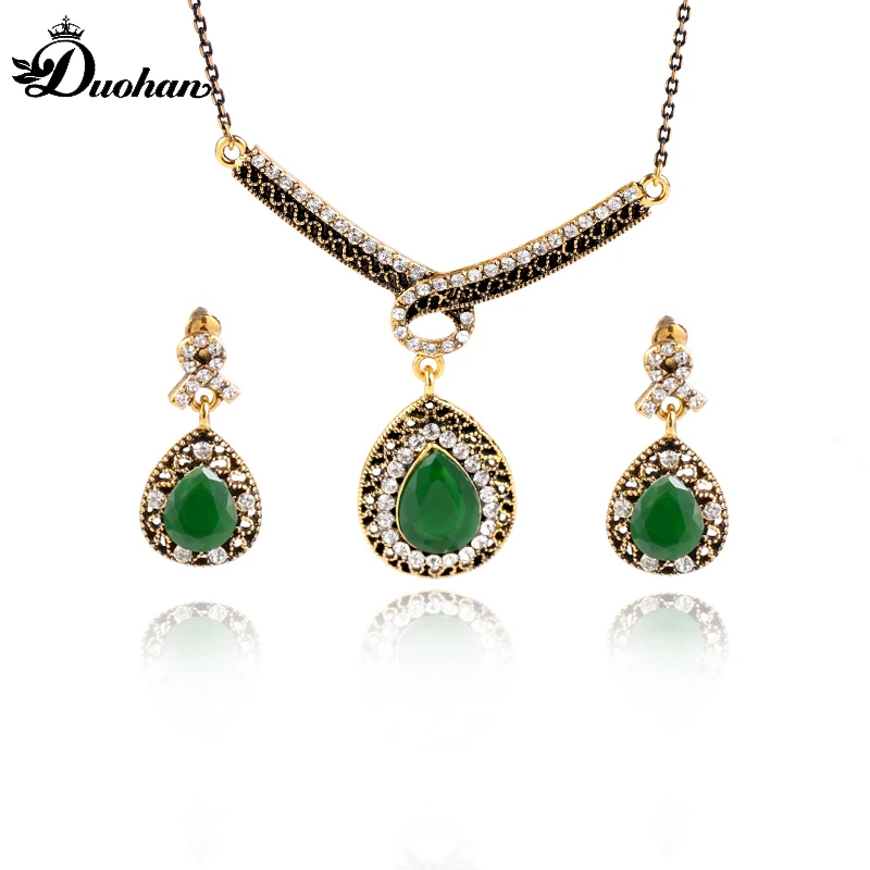 Duohan фирменные элегантные Винтаж зеленый Смола Цепочки и ожерелья Серьги набор