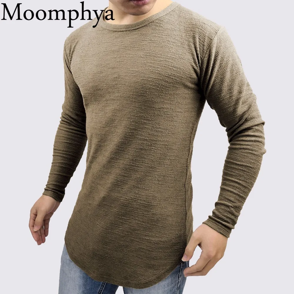 

Moomphya Men Slim Fit t shirt Long sleeve Raised Thick Lines slub t-shirt Longline curve hem hip hop tshirt streetwear Tops