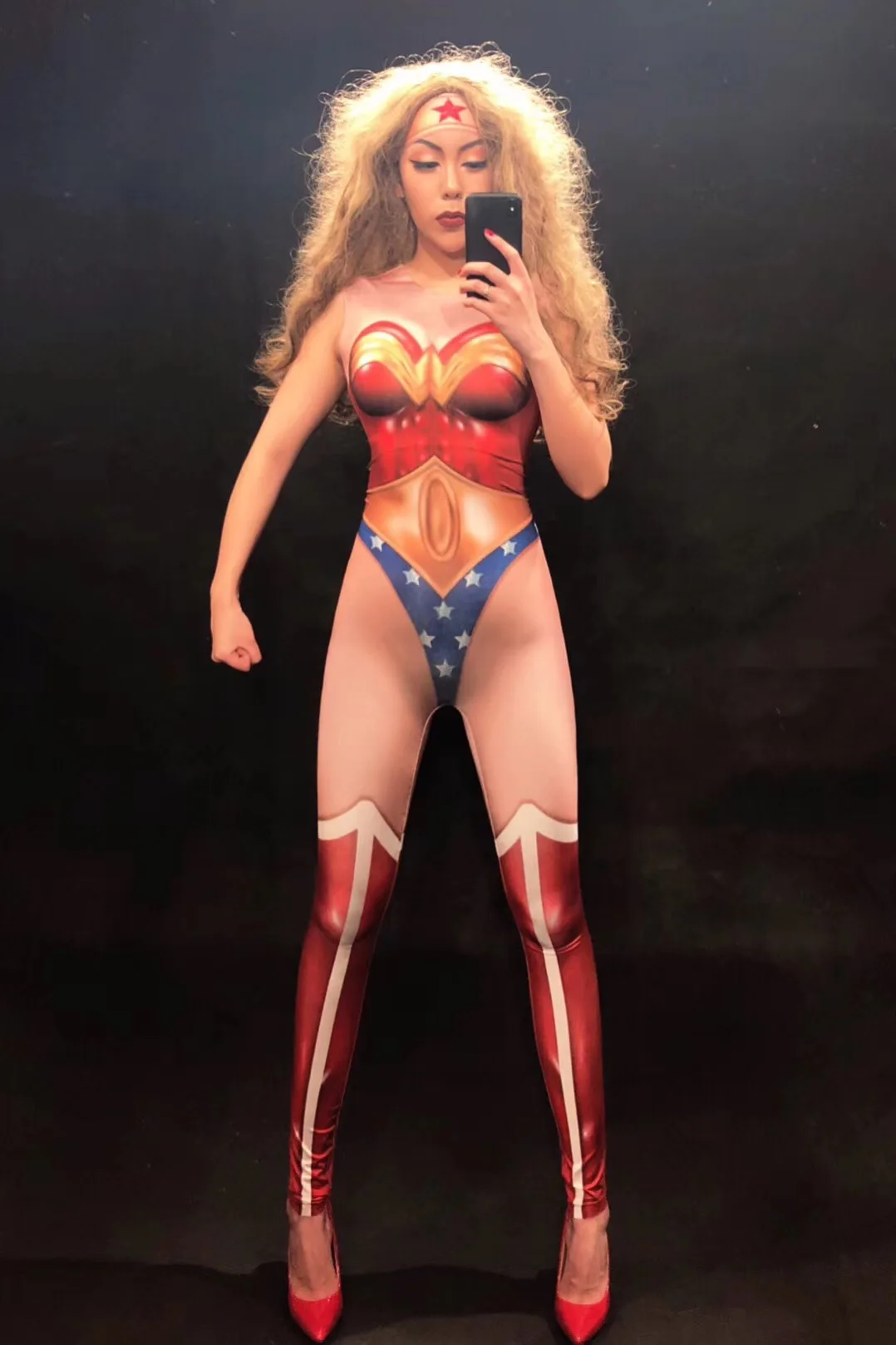 Wonder Woman сексуальный сценический комбинезон для ночного клуба, вечерние костюмы для выступлений, танцев, певицы, костюмы сценическая одежда, боди с 3D принтом