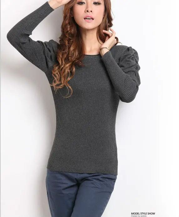 Freeshipping hot sale women knitted sweater long puff sleeve fashihon slim black designer pullover winter clothing Korea apparal | Женская