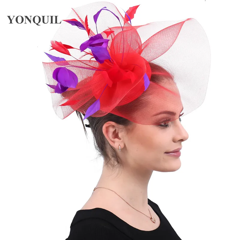 Fashion New Red Wedding Fascinators Hair Hats Purple Feathers Headwear Women Elegant Ladies Party Kenducky Chic Hair Accessories