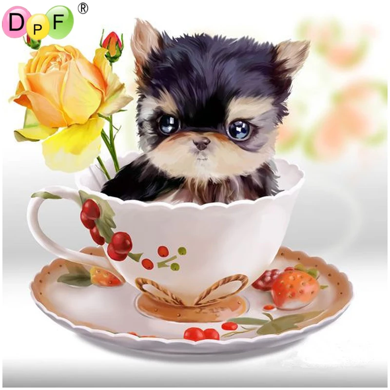 DPF 5D полностью круглая алмазная живопись черная собака чашка подарок магический