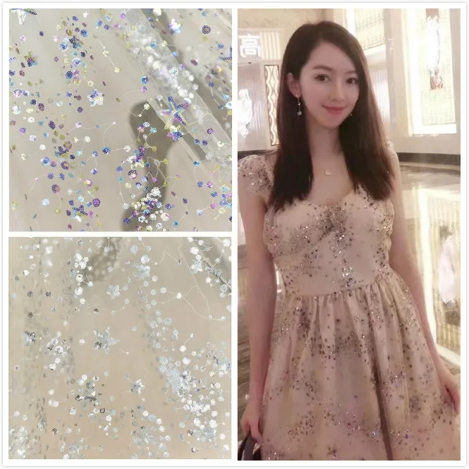 

Color sequin embroidery transparent mesh fabric dress dress diy material handmade decoration children's clothing cloth