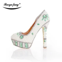 baoyafang womens wedding shoes green crystal white pearl bridal party dress shoes female shoes woman high heels platform shoe
