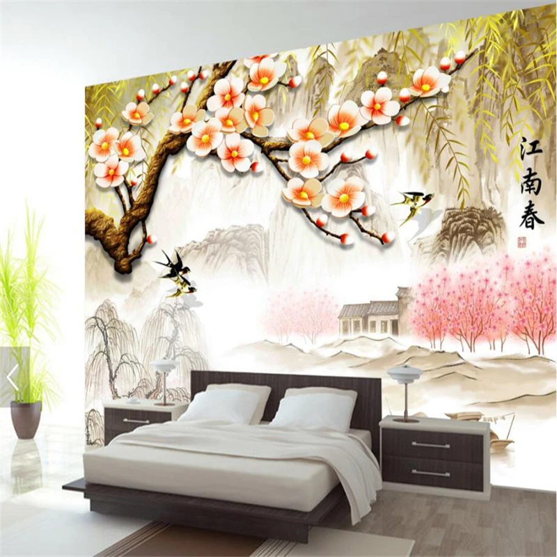 beibehang Wall paper mural room custom HD ink landscape murals Jiangnanchun relief plum background wall decoration | Обустройство
