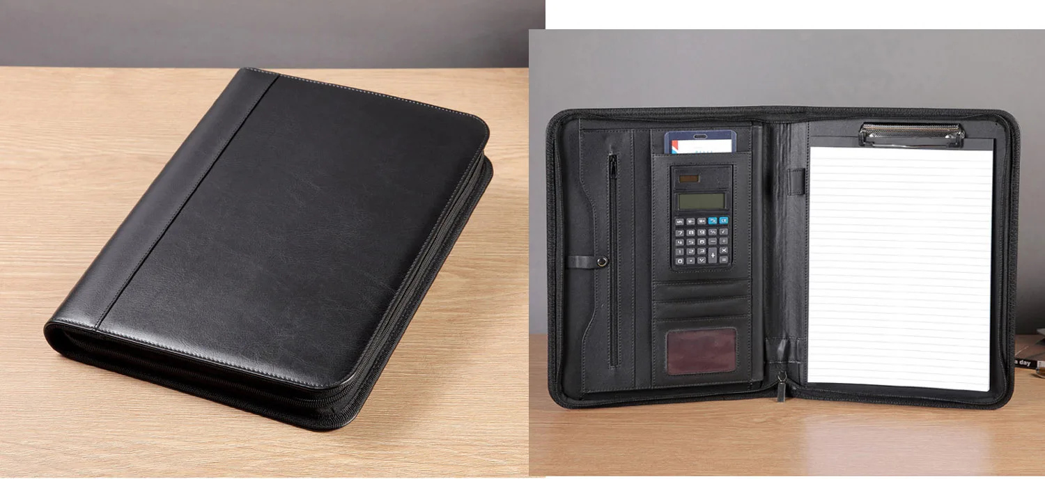 Black B Высокое качество Профессиональный бизнес молнии A4 Padfolio из искусственной кожи современный портфель папка с карманами калькулятор - Цвет: Black B