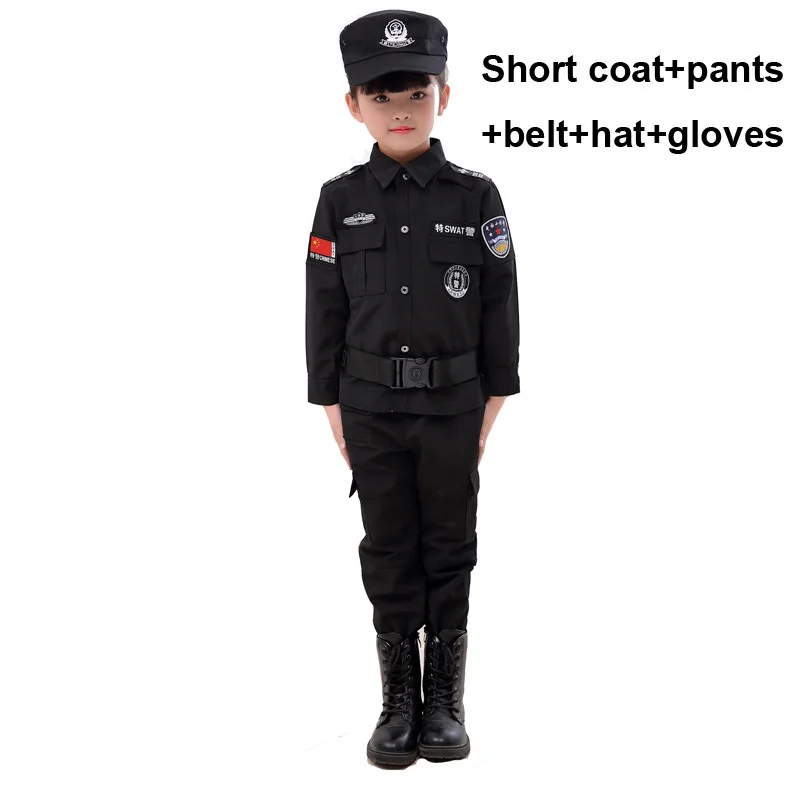 Set Belt Gloves Hat Полицейская детская униформа для мальчиков; Детские костюмы для костюмированной вечеринки; специальная армейская военная форма; представление в детском саду; комплект одежды - Цвет: Set Belt Gloves Hat