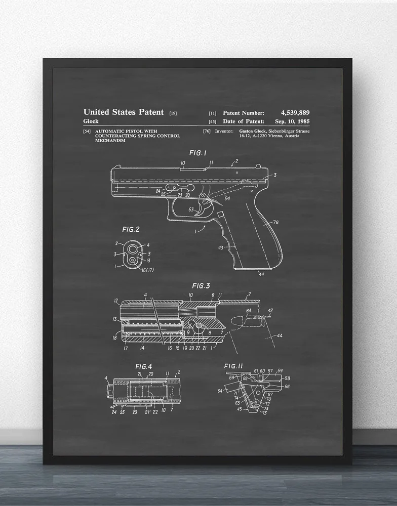 Пистолет Glock патент 1985 схема Настенная картина Настенный декор холст печать на
