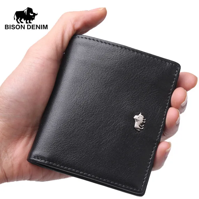 BISON DENIM модные мужские кошельки из натуральной кожи мини маленький кошелек держатель для карт с карманом для монет на молнии - Цвет: Черный