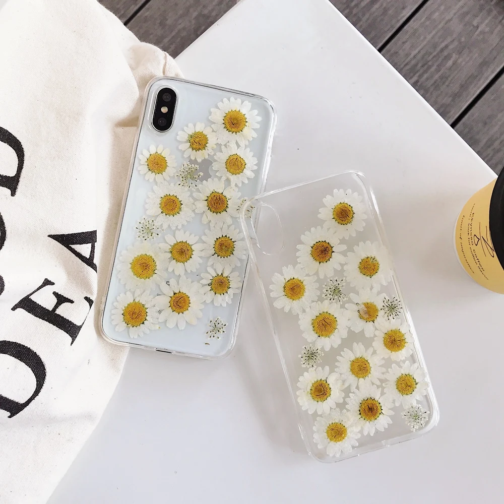 Daisy Real Flower Dried Flowers Transparent Phone Case For iPhone X XR XS Max 8 7 6 6s Plus Soft Silicone TPU Back Cover Coque |