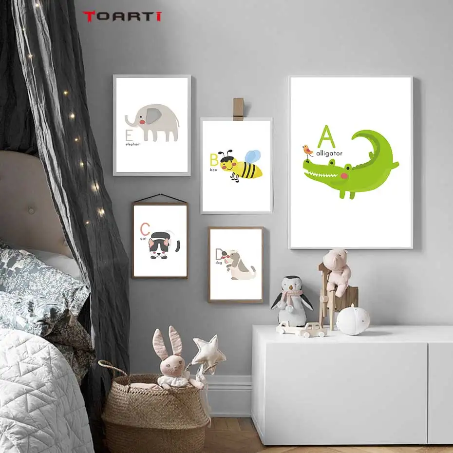 Алфавит мультфильм Животные стены художественный Принт Холст постер Дети