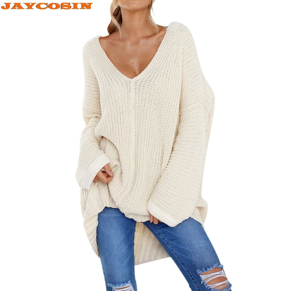 JAYCOSIN Hot Fashion Womens Solid Color Casual Long Sleeve V-Neck Jumper Sweaters Blouse Tops High Quality Sweater New | Женская одежда