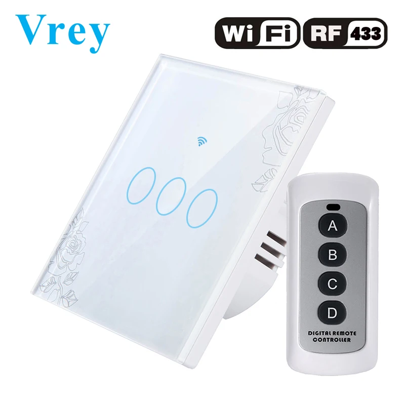 Сенсорный выключатель Vrey, умный светильник, настенный выключатель, wifi светильник, стандарт ЕС, работает с Alexa Google Home, 1way 3 банды