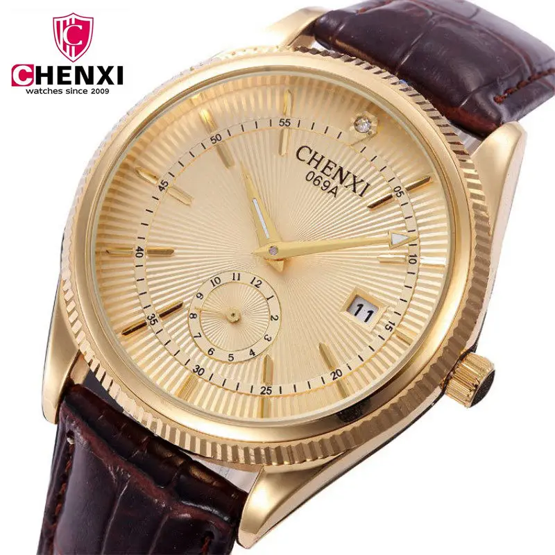 

CHENXI Watch Men Life Waterproof Leather Strap With Second Dial Date Quartz Watches High Quality Male Gold Wristwatches