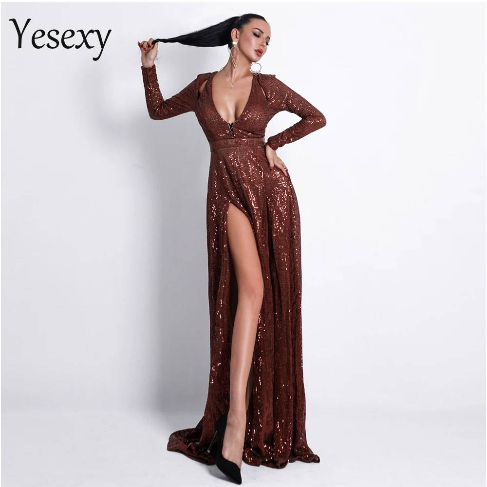Yesexy 2020 женское сексуальное платье с глубоким v образным вырезом и длинным рукавом