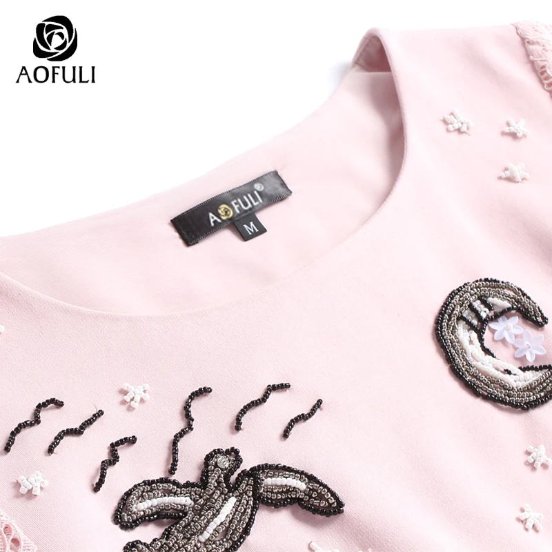 L~ XXXL 4XL 5XL Bird And Moon Beadings Women Casual Dress Big size New Autumn Lace Sleeves Pink AOFULI 9056 | Женская одежда