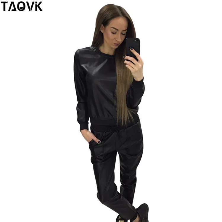 Женские костюмы из искусственной кожи TAOVK, блестящие спортивные костюмы серебристого и золотого цвета, топы с О-образным вырезом и длинные брюки, комплекты из 2 предметов для весны и осени