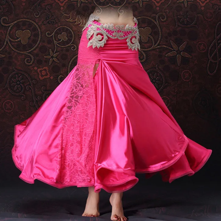 Fuchsia Одежда для танца живота, профессиональная длинная юбка с рыбьим хвостом, кружевная Женская сатиновая юбка для танца живота(без пояса - Цвет: Fuchsia