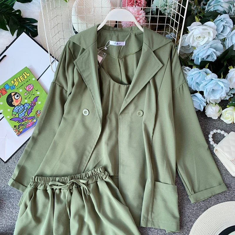 ALPHALMODA Лето Осень женский жакет с длинным рукавом+ топ на бретельках+ шорты повседневный комплект из 3 предметов женский однотонный наряд