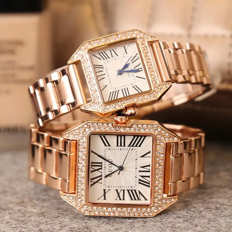 

HK Famous Brand Fashion Square Luxury Full Gold Steel Diamond Shell lovers watches Mens Woman Lovers Hight Grade Quartz watches