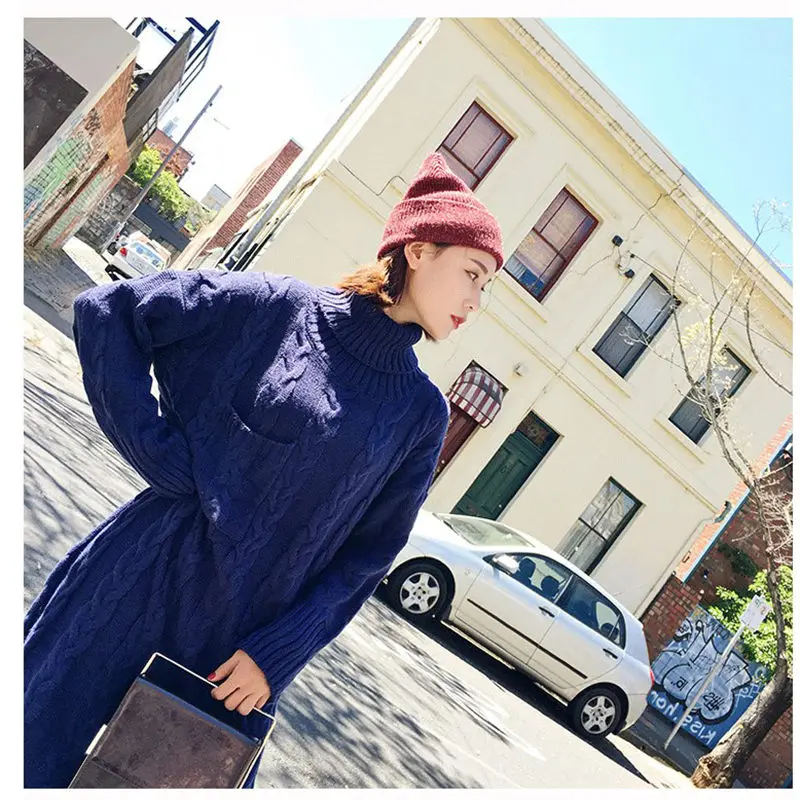 

Autumn Women Sweater Dresses Winter Long Knitted Pullover Warm Turtleneck Sweater Twisted Thicken Loose Knitwear Vestidos f1110