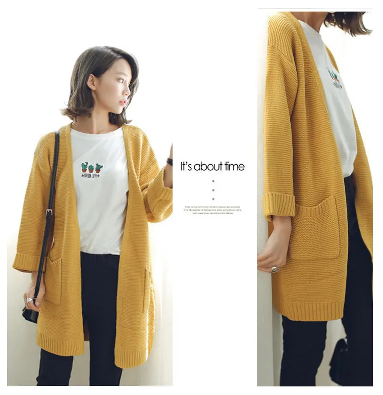 Ulzzang/Повседневный длинный вязаный кардиган для девочек Осенний корейский