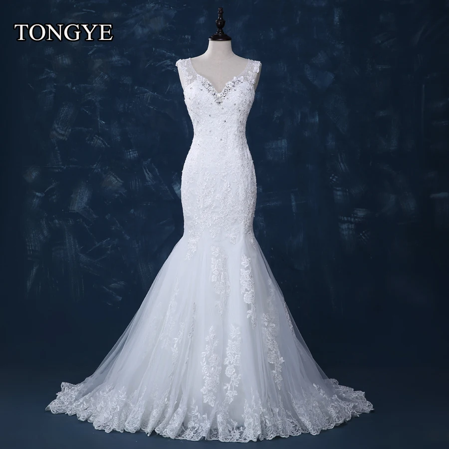 

V Neck Tulle Illusion Applique Court Train Mermaid Wedding Dress 2021 Vestido De Casamento Bridal Gown Wedding Gowns Custom Made