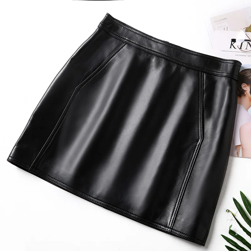 

2021 New Winter Ladies Short Skirts Brand Luxury Genuine Leather Wrap Skirts Female Elegant Slim Fit High Waist A-Line Skirts