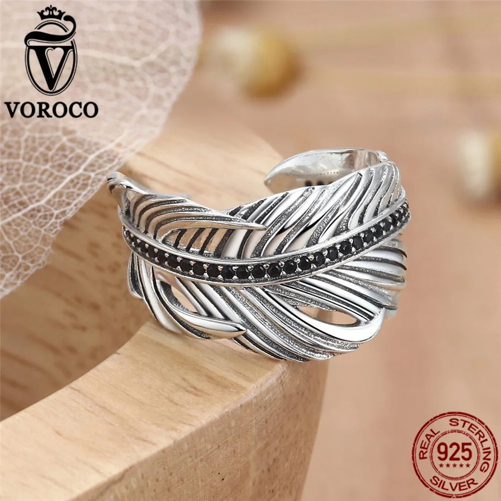 VOROCO 925 пробы серебряные винтажные черные циркониевые паве шикарные перо широкие