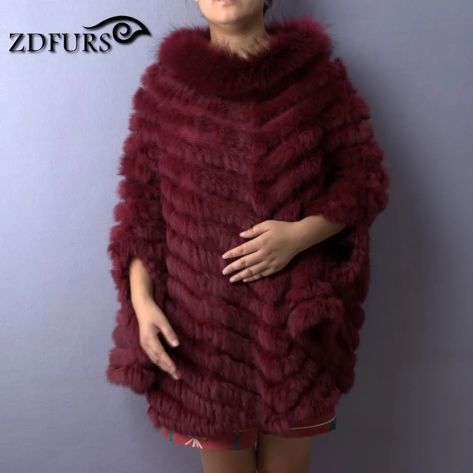 ZDFURS* Новая модная Вязаная Шаль из натурального кроличьего меха, пончо, накидка, палантин, накидка, Воротник из меха енота - Цвет: wine red