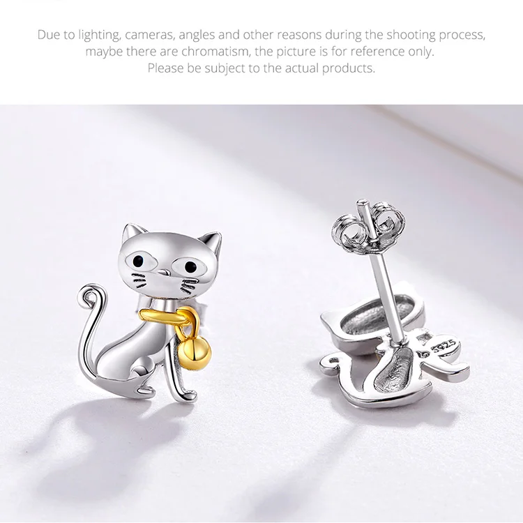 Серьги BISAER Meow, 925 пробы, серебряные серьги с милым котенком, серьги с колокольчиком, кошачьим Мяу, ювелирные изделия, аксессуары для животных, подарки GAE112