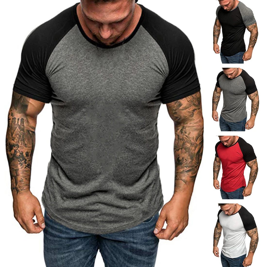 HEFLASHOR Summer mens patchwork short t shirt slim sports top tee Raglan sleeve plus size camiseta hombre|Мужские футболки| |