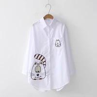 new white cat embroidery blouse sale shirt casual wear button up turn down collar long sleeve cotton blouse embroidery top sale