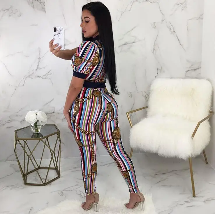 Autumn rompers womens jumpsuit Elegant One Piece Sexy golden chain print color striped Short-sleeved threshold zipper | Женская одежда