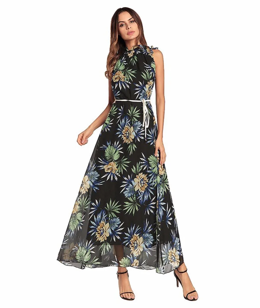 

2018 Women Chiffon Long Bohemian Dresses Casual Loose Floral Printed Summer Vacation Maxi Dress