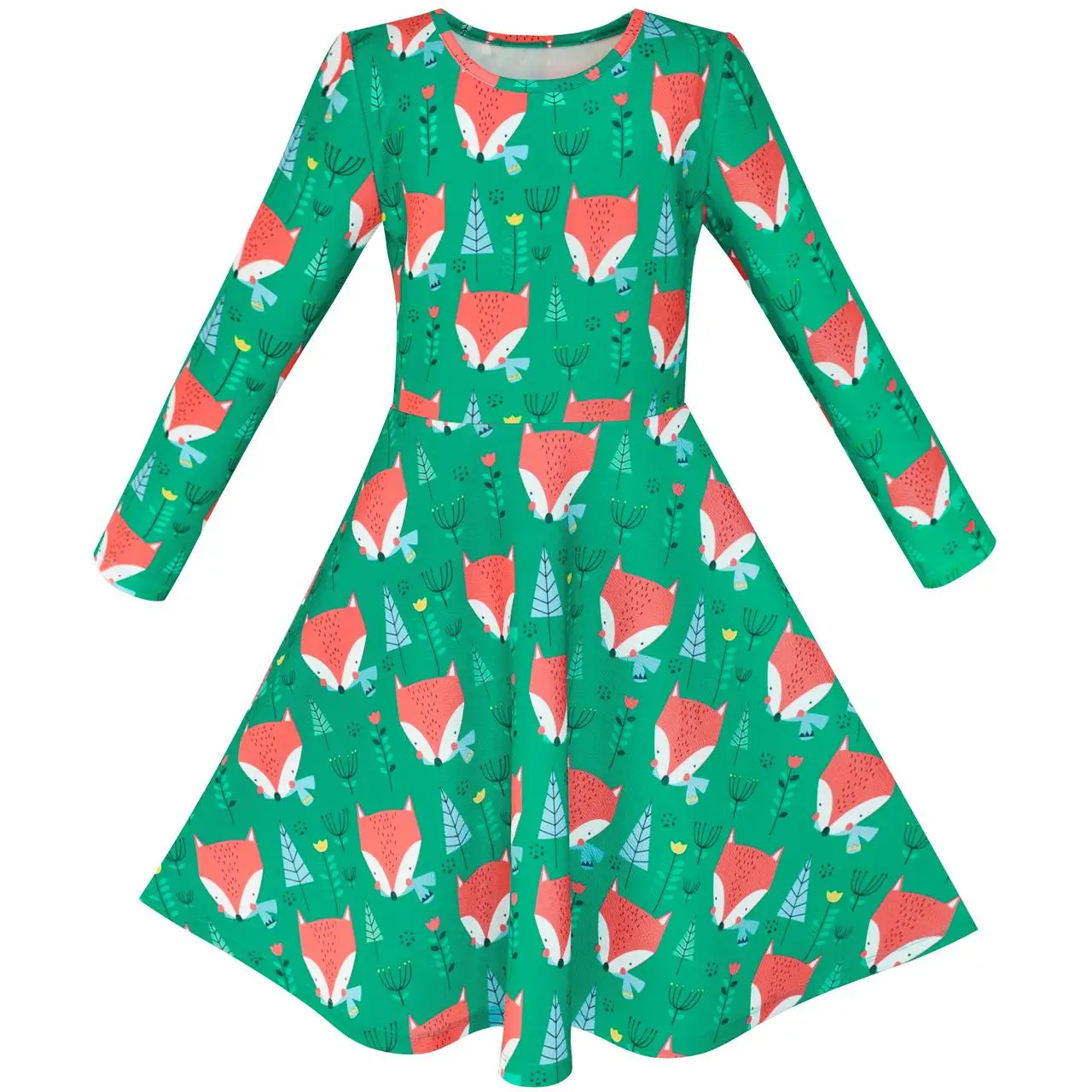 Sunny Fashion платья для девочек Зеленый лес красный Лиса Длинный рукав Sundress 2020 Лето