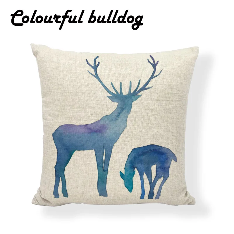 Акварель олень Подушка Чехол с лосем Обложка арт синий 45*45 см подушка принтами