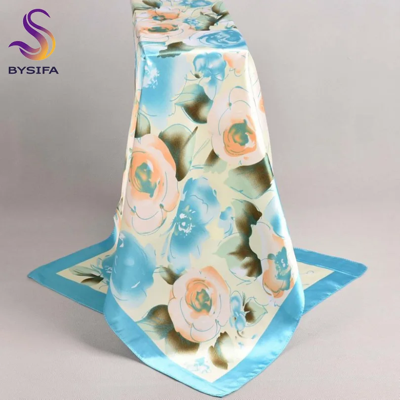 water blue roses Lenco женский розовый Шелковый шарф с принтом, 90*90 см многоцветный сатин шарф шаль для дам, модный платок весенние шелковые шарфы - Цвет: water blue roses