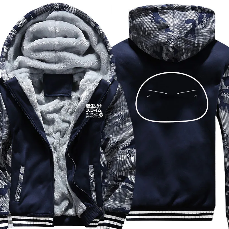 

US Size Men's Hoodie Anime Tensei Shitara Slime Datta Ken Sweatshirt Camouflage Sleeve Hooded Navy Blue Coat Jacket Dropshipping