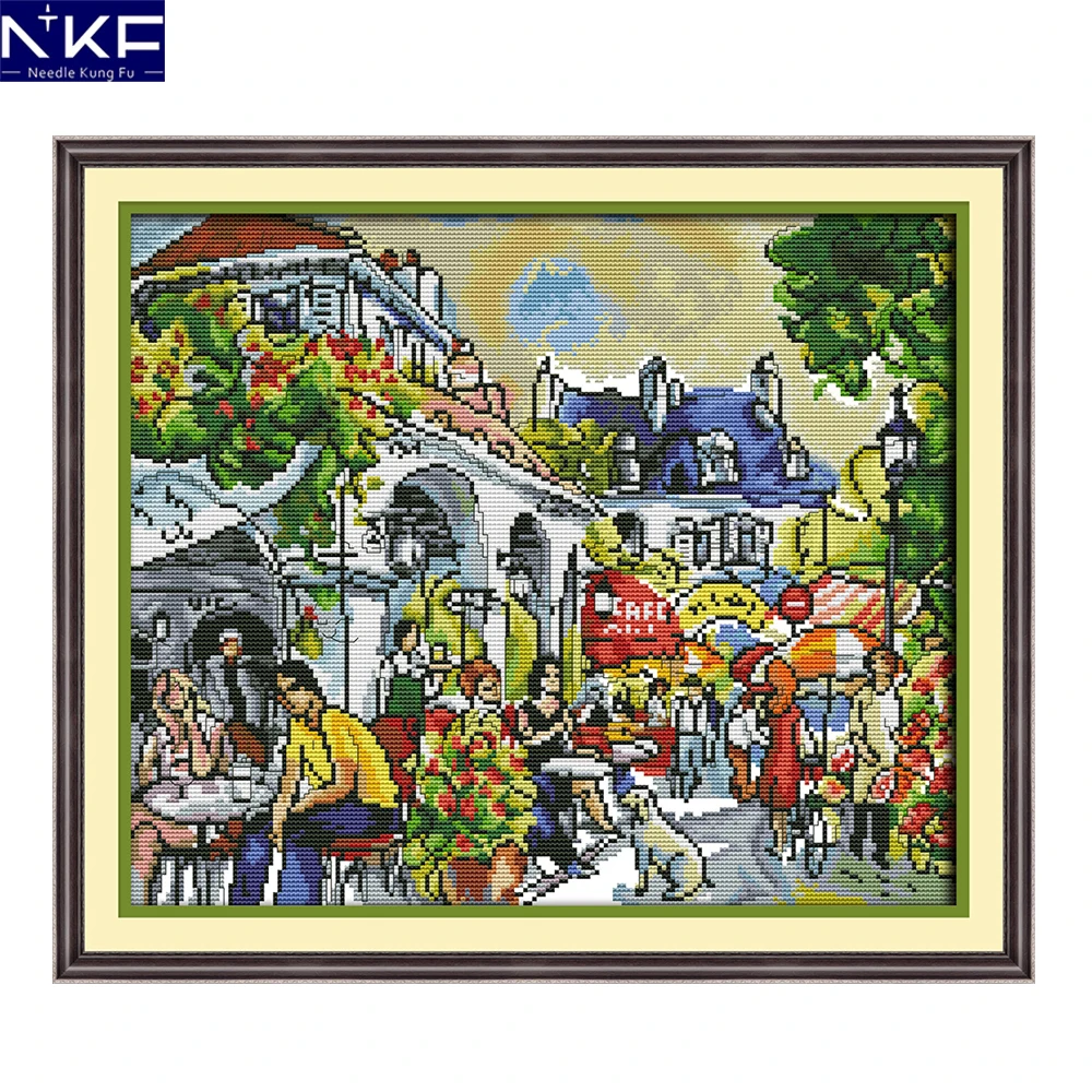 

NKF Bustling Streets Cross Stitch Pattern 11CT 14CT Needlework Painting Cross Stitch Set for Embroidery Stamped Kits Home Decor