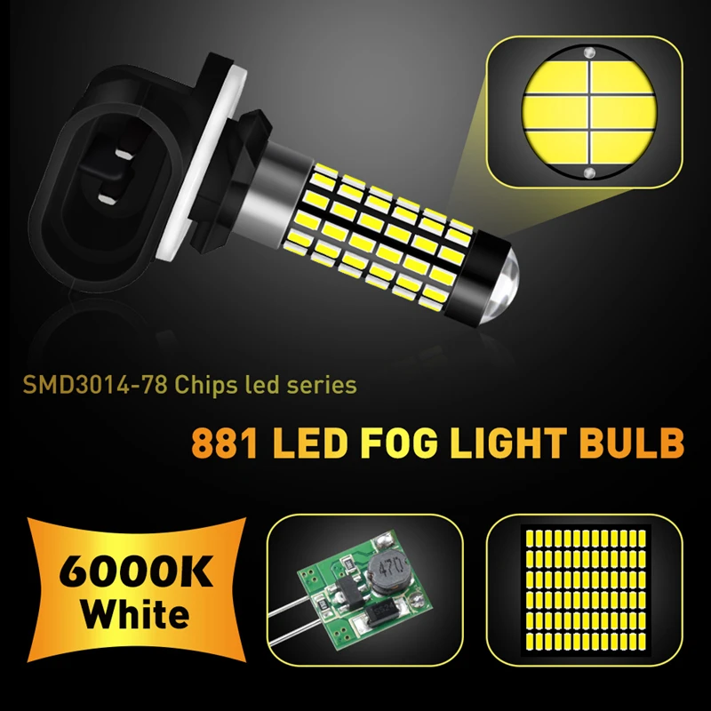 2 Pieces H27 881 Led Bulb For Cars H27W/2 H27W2 Auto Fog Light LED 780Lm 12V 881 LED Bulbs Driving Driving Running Light