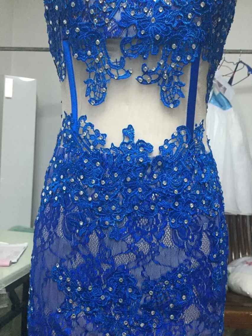 Fotos reais azul real vestido de festa curto de renda com